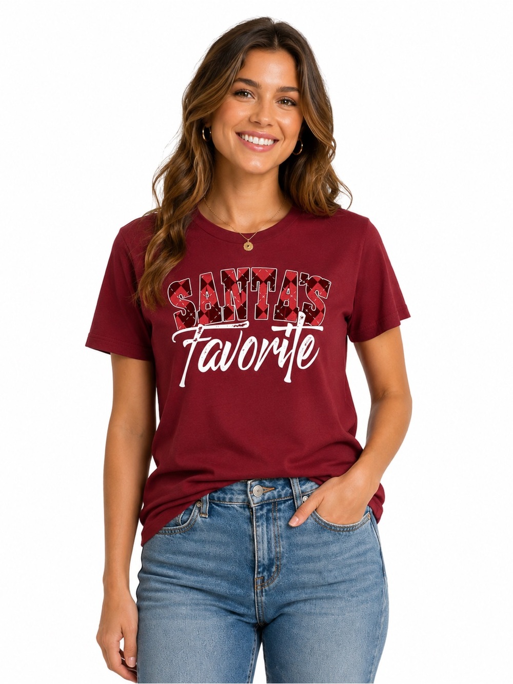 Women's Burgundy 'Santa's Favorite' Short Sleeve Tee - Picture 1 of 7